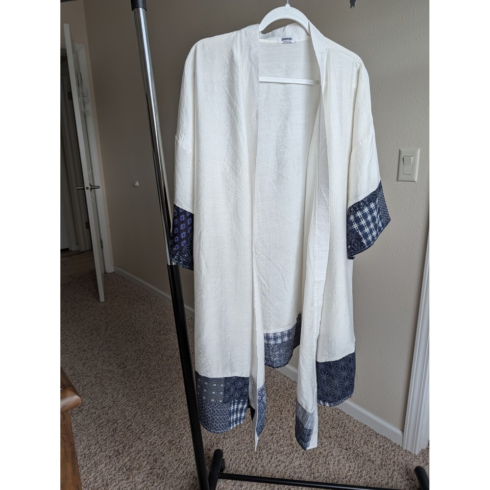 COOFANDY Women White Linen Blend Kimono Cardigan Blue Patchwork Print‎ Medium